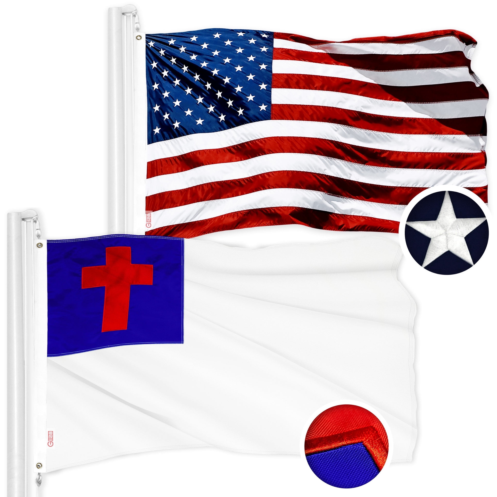 G128 2sets Both 3x5 ft Embroidered America USA US Flag Stars & Christian Flag Religious Cross