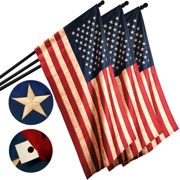 G128 - 3 Pack: American US USA Tea Stained Pole Sleeve Flag 1x1.5FT Embroidered Polyester