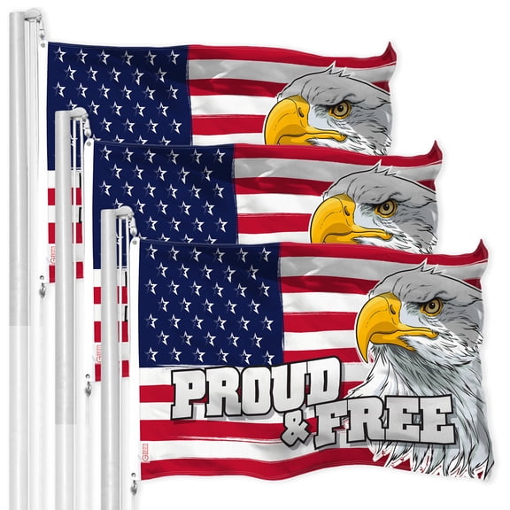 G128 3 Pack: American USA Proud & Free Eagle Flag | 3x5Ft | LiteWeave Pro Printed 300D Polyester | Specialty Flag, Vibrant Colors, Brass Grommets, Thicker and More Durable Than 100D 75D Polyester