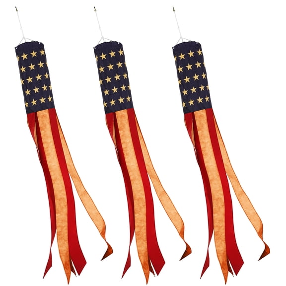 G128 3 Pack: American USA Tea-Stained Windsock | 60 Inch | Embroidered 420D Polyester | Patriotic Decor, Embroidered Design, Indoor/Outdoor, Brass Grommets
