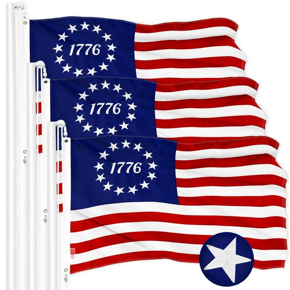 G128 3 Pack: Betsy Ross 1776 Flag | 1x1.5 Ft | ToughWeave Series Embroidered 300D Polyester | Historical Flag, Embroidered Design, Indoor/Outdoor, Brass Grommets