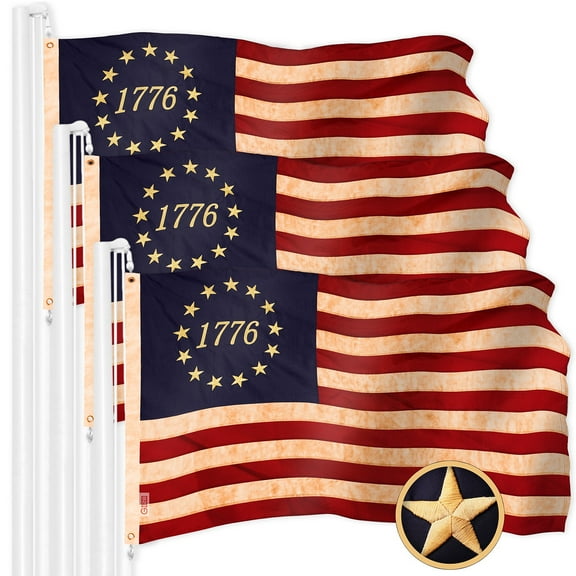 G128 3 Pack: Betsy Ross 1776 Tea-Stained Flag | 1x1.5 Ft | ToughWeave Pro Series Embroidered 420D Polyester | Historical Flag, Embroidered Design, Indoor/Outdoor, Brass Grommets, High Quality