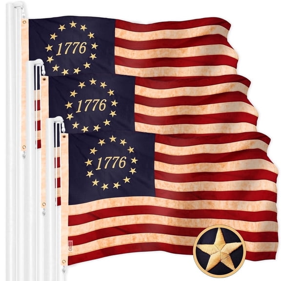 G128 Heavy Duty Flag, 1x1.5 ft, 3-Pack Embroidered Betsy Ross 1776 Tea-Stained Historical Flag, Grommets