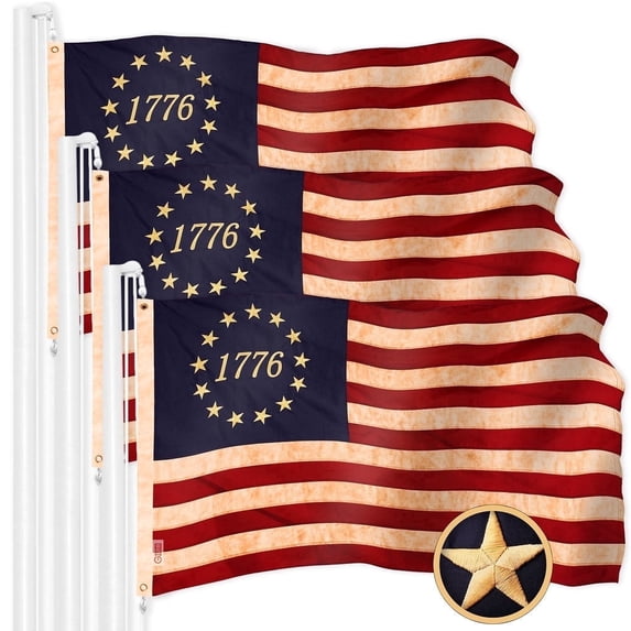 G128 Heavy Duty Flag, 4x6 ft, 3-Pack Embroidered Betsy Ross 1776 Tea-Stained Historical Flag, Grommets