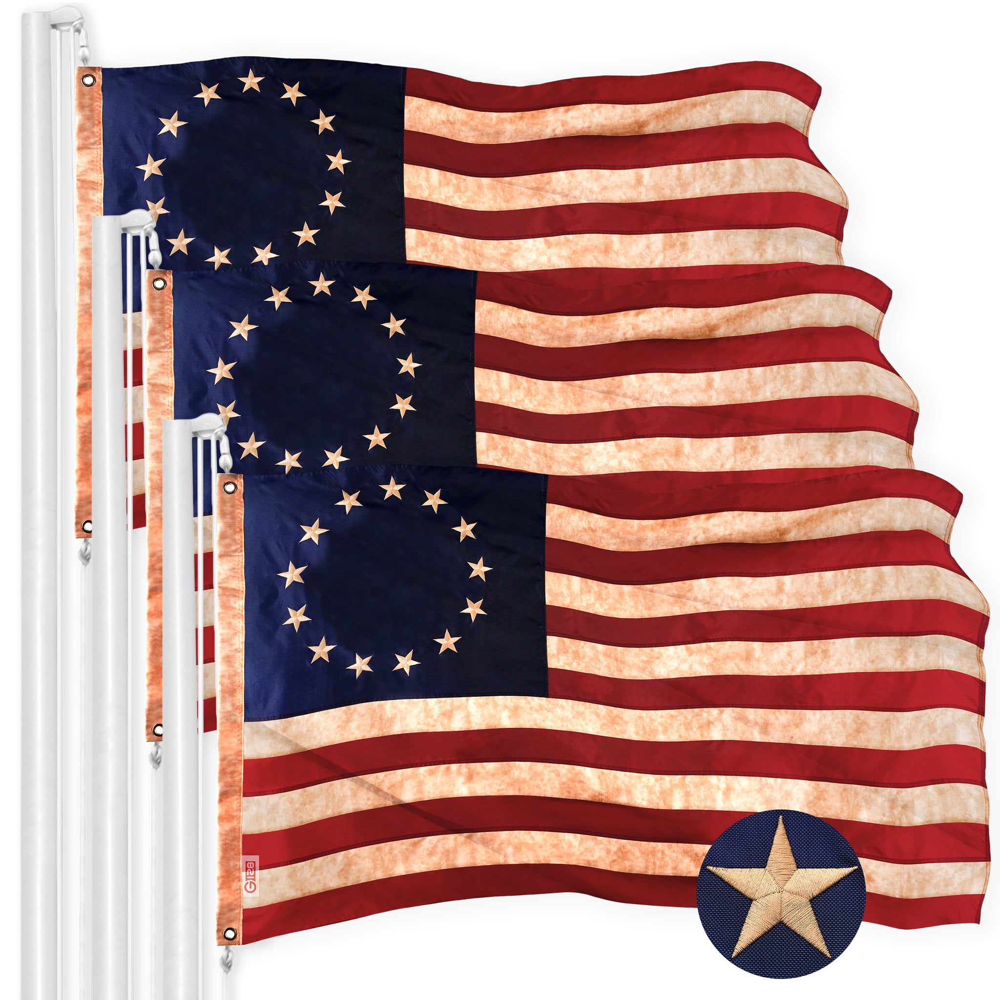 G128 3 Pack Betsy Ross Tea Stained Flag 1x1.5FT Embroidered