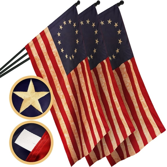 G128 3 Pack: Betsy Ross Tea-Stained Flag | 2.5x4 Ft | ToughWeave Pro Series Pole Sleeve Embroidered 420D Polyester | Historical Flag, Embroidered Design, High Quality, NO Flagpole Included