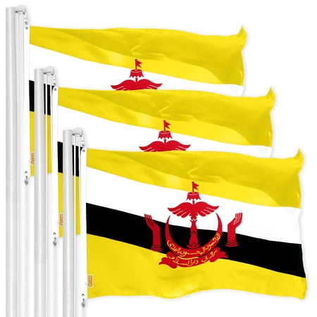 G128 3 Pack: Brunei Bruneian Flag | 3x5 Ft | LiteWeave Pro Series Printed 150D Polyester | Country Flag, Indoor/Outdoor, Vibrant Colors, Brass Grommets