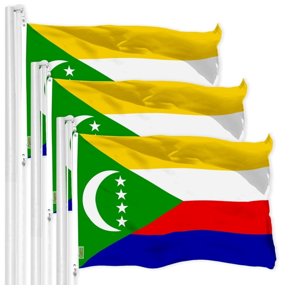 G128 3 Pack: Comoros Comorian Flag | 3x5 Ft | LiteWeave Pro Series Printed 150D Polyester | Country Flag, Indoor/Outdoor, Vibrant Colors, Brass Grommets