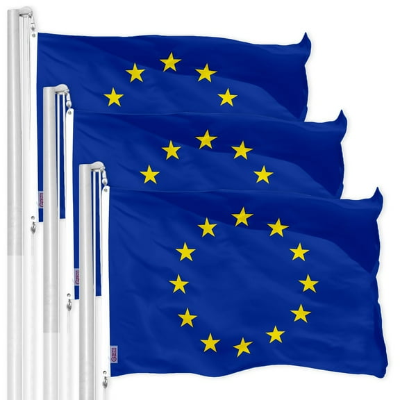 G128 3 Pack: European Union Flag | 3x5 Ft | LiteWeave Pro Series Printed 150D Polyester | Country Flag, Indoor/Outdoor, Vibrant Colors, Brass Grommets, Thicker and More Durable Than 100D 75D Polyester