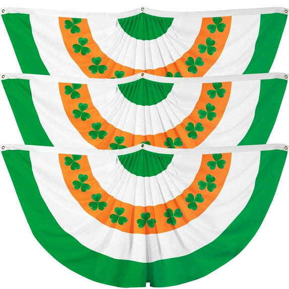 G128 3 Pack: Ireland Irish Shamrock Pleated Fan Flag | 2x4 Ft | Printed 150D Polyester | St. Patrick's Day Decor, Indoor/Outdoor, Vibrant Colors, Brass Grommets