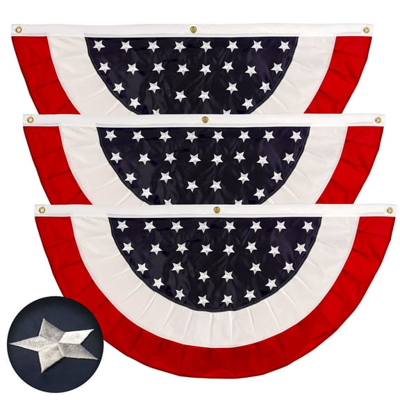 G128 - 3 Pack: USA Pleated Fan Flag 1.5x3FT Star Center Embroidered Polyester Stars and Stripes