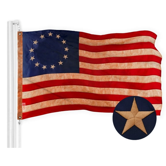 G128 Betsy Ross Tea-Stained Flag, 3x5 ft, Embroidered Polyester, Brass Grommets, Outdoor Use