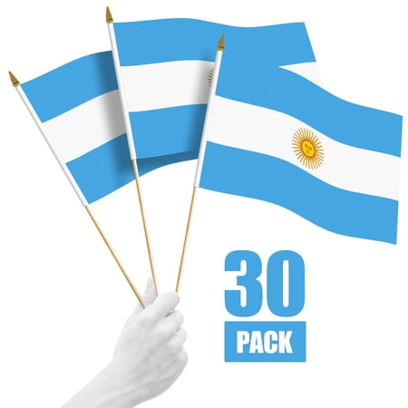 G128 30 Pack Handheld Argentina Argentinian Stick Flags | 12x18 In | Printed 150D Polyester, Country Flag, Solid Wooden Stick, Spear Gold Tip