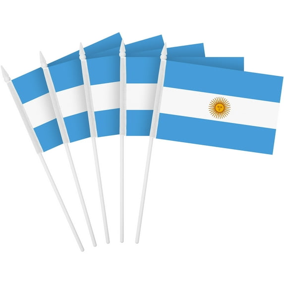 G128 30 Pack Handheld Argentina Argentinian Stick Flags | 4x6 In | Printed 150D Polyester, Country Flag, Solid Plastic Stick, Spear White Tip