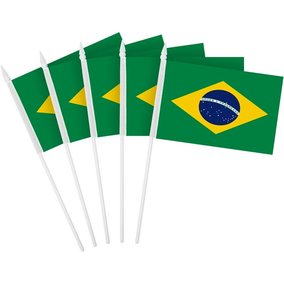 G128 30 Pack Handheld Brazil Brazilian Stick Flags | 4x6 In | Printed 150D Polyester, Country Flag, Solid Plastic Stick, Spear White Tip
