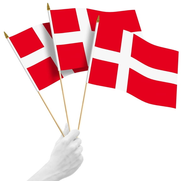 G128 30 Pack Handheld Denmark Danish Stick Flags | 12x18 In | Printed 150D Polyester, Country Flag, Solid Wooden Stick, Spear Gold Tip