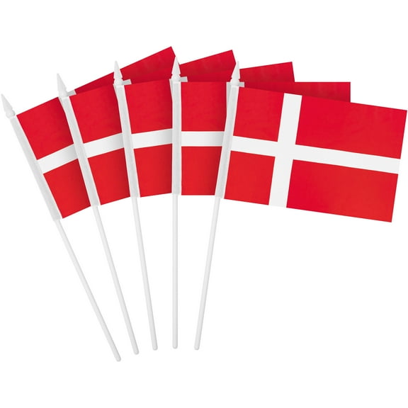 G128 30 Pack Handheld Denmark Danish Stick Flags | 4x6 In | Printed 150D Polyester, Country Flag, Solid Plastic Stick, Spear White Tip