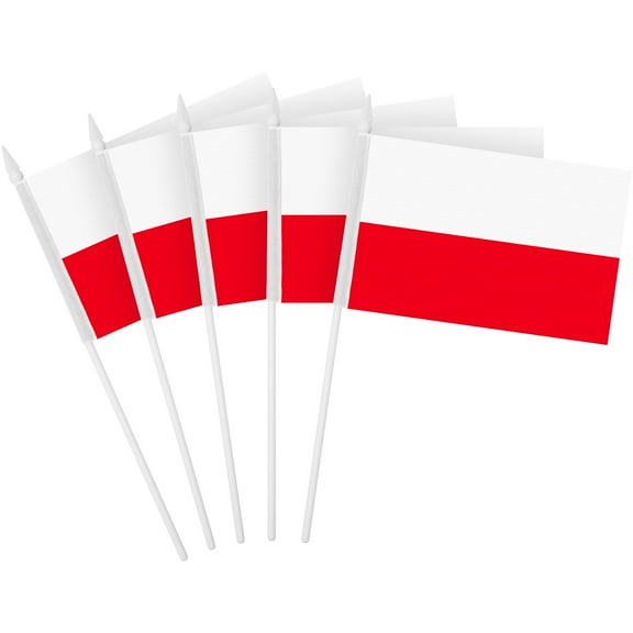 G128 30 Pack Handheld Poland Polish Stick Flags | 4x6 In | Printed 150D Polyester, Country Flag, Solid Plastic Stick, Spear White Tip
