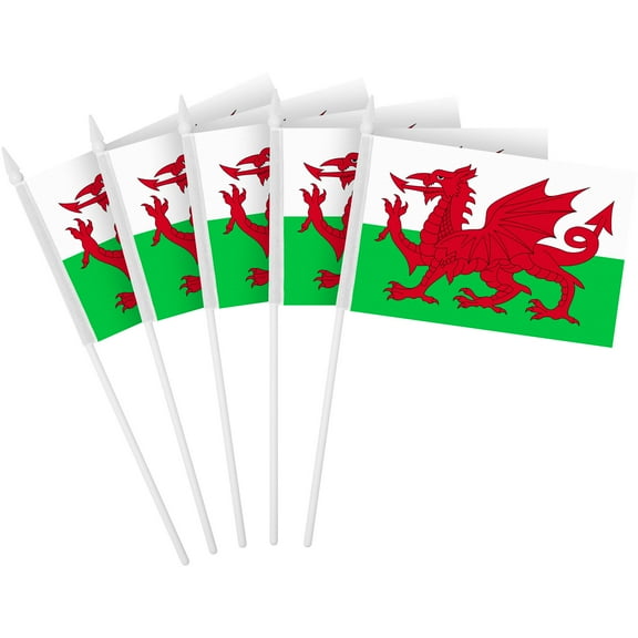 G128 30 Pack Handheld Wales Welsh Stick Flags | 4x6 In | Printed 150D Polyester, Country Flag, Solid Plastic Stick, Spear White Tip