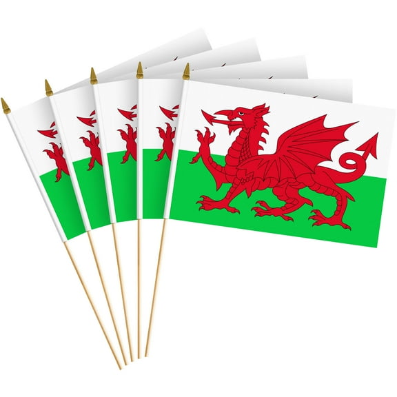 G128 30 Pack Handheld Wales Welsh Stick Flags | 8x12 In | Printed 150D Polyester, Country Flag, Solid Wooden Stick, Spear Gold Tip