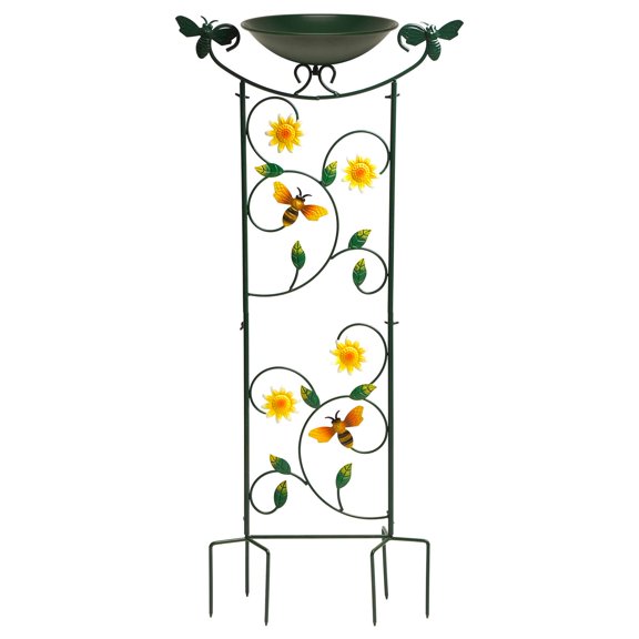 G128 34" Garden Iron Bird Bath with Trellis, Bee Flower Bird Pattern