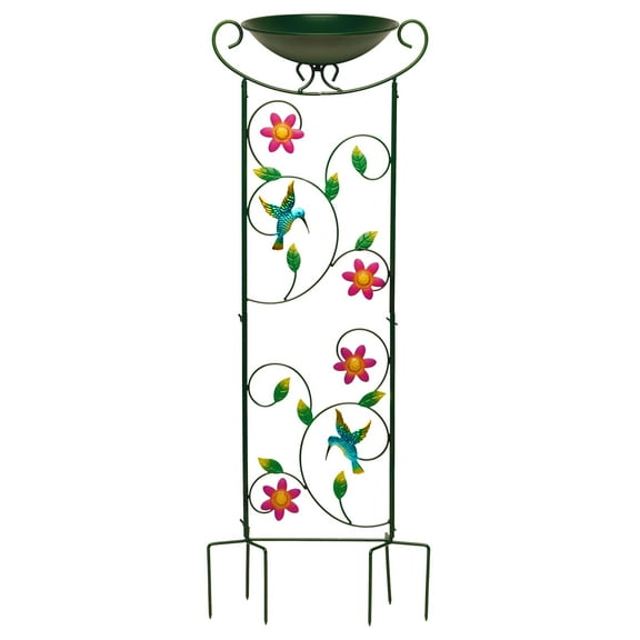 G128 35 Inch Antique Garden Iron Bird Bath with Trellis, Decorative Hummingbirds, Detachable Bowl, Metal Potted Plant Support, Elegant Outdoor Garden Bird Feeder