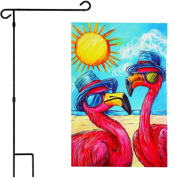 G128 36x16IN Garden Flag Stand & 12x18 Summer Flamingo Beach Flag Kit