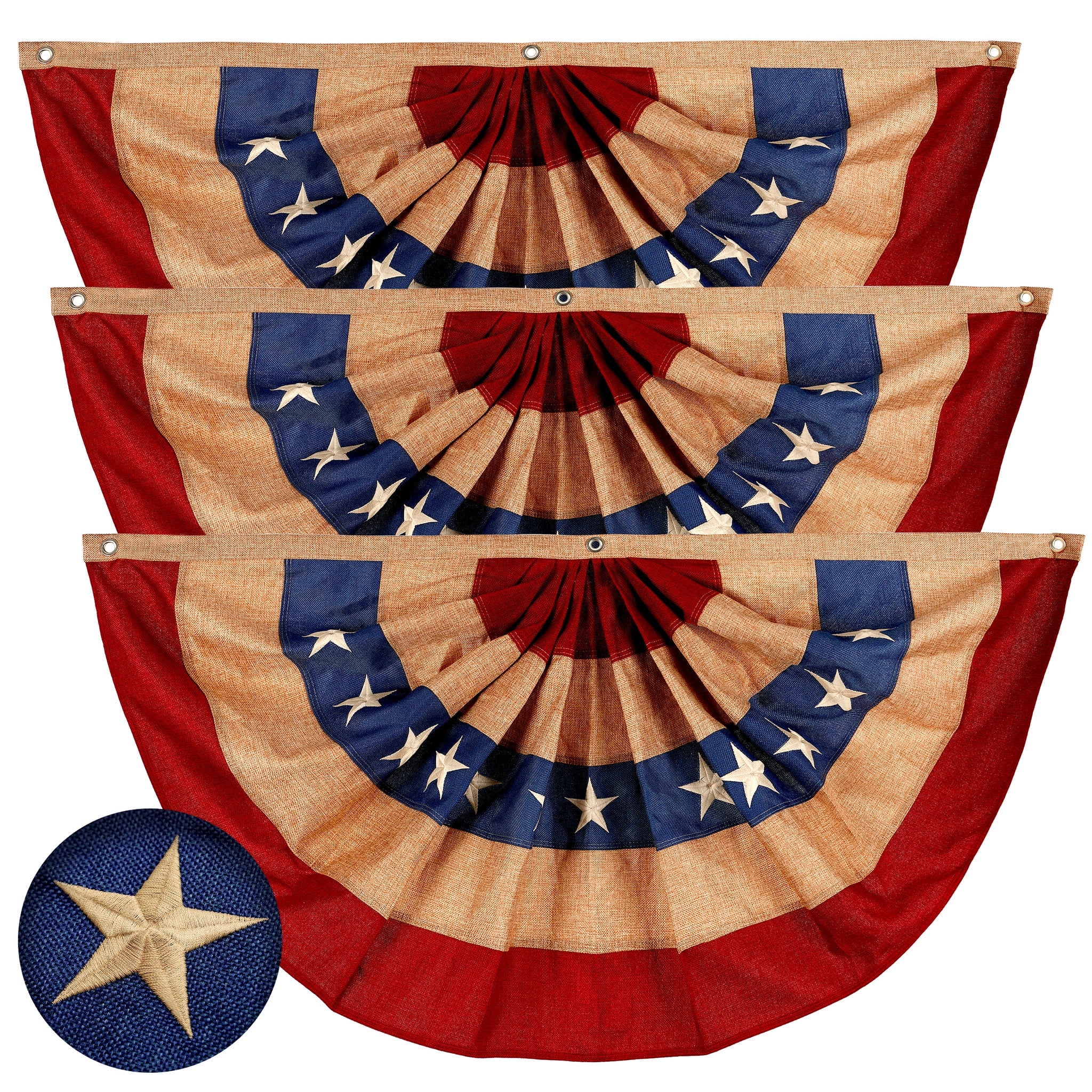 G128- 3pk 1.5x3 ft USA Tea Stained Pleated Fan Flag Bunting Polyester 4th of July Patriotic Decor
