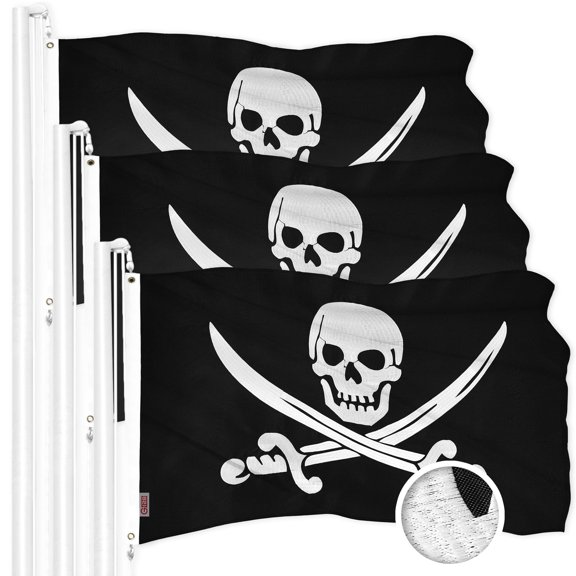 G128 3pk Pirate Jolly Roger Flags, 20x30 in, Embroidered 300D Polyester, ToughWeave Series
