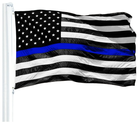 G128 - 3x5 feet Thin Blue Line Flag | Embroidered 210D - Blue Stripe, Black&White Flag, Indoor/Outdoor, Vibrant Colors, Brass Grommets, Quality Polyester