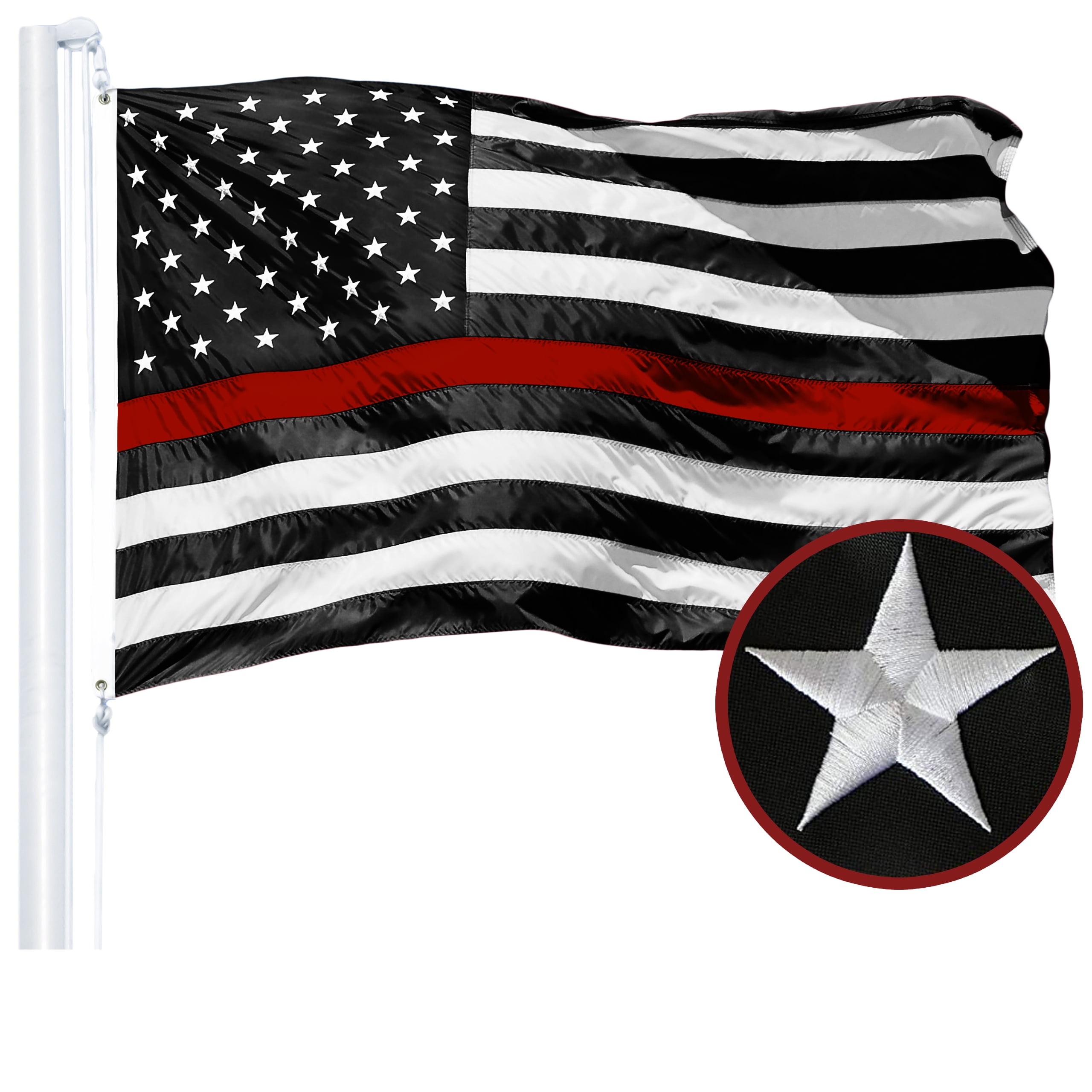 G128 - 3x5 feet Thin Red Line Flag | Embroidered 210D - Red Stripe, Black&White Flag, Indoor/Outdoor, Vibrant Colors, Brass Grommets, Quality Polyester