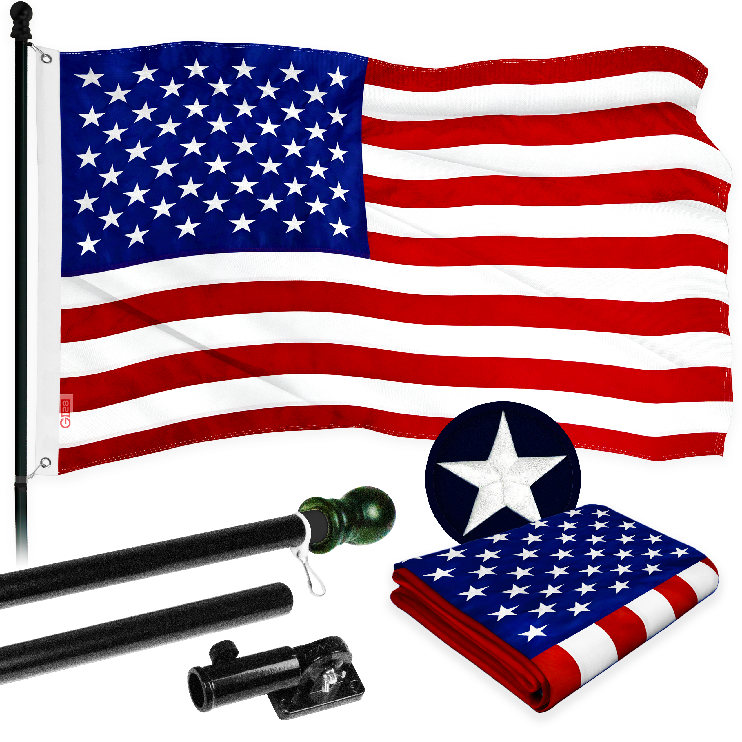 G128 - 5 Feet Tangle Free Spinning Flagpole (Black) American Flag Brass Grommets Embroidered 2.5x4 ft American Flag Brass Grommets (Flag Included) Aluminum Flag Pole - image 1 of 8
