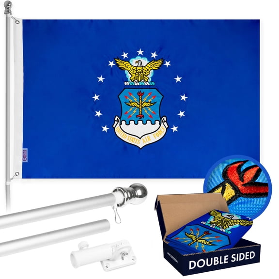 G128 - 5 Feet Tangle Free Spinning Flagpole (Silver) US Air Force Flag Double Sided Brass Grommets Embroidered 2x3 ft (Flag Included) Aluminum Flag Pole