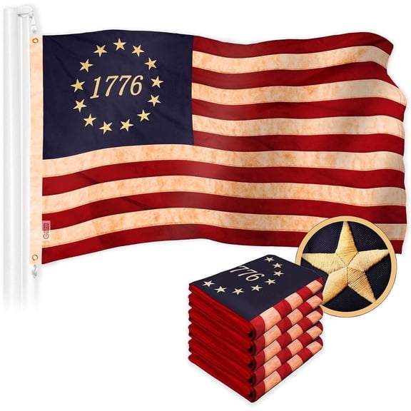 G128 Heavy Duty Flag, 3x5 ft, 5-Pack Embroidered Betsy Ross 1776 Tea-Stained Historical Flag, Grommets