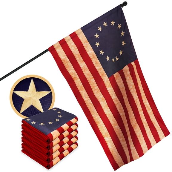 G128 5 Pack: Betsy Ross Tea-Stained Flag | 2x3 Ft | ToughWeave Pro Series Pole Sleeve Embroidered 420D Polyester | Historical Flag, Embroidered Design, High Quality, NO Flagpole Included