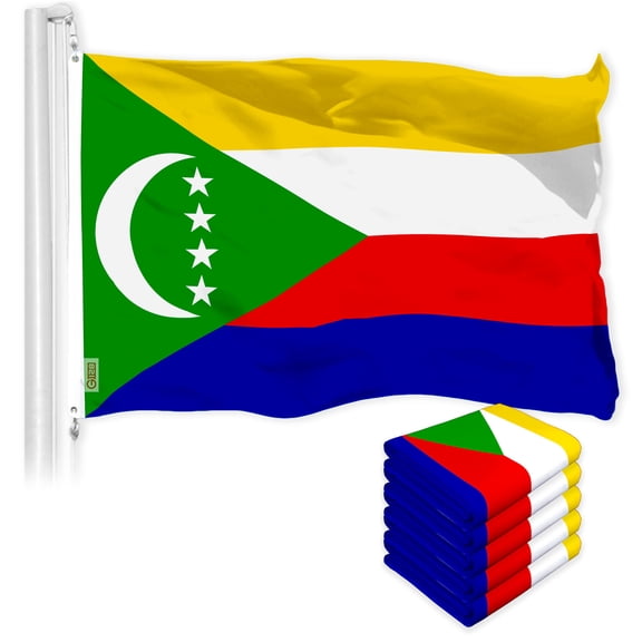 G128 5 Pack: Comoros Comorian Flag | 3x5 Ft | LiteWeave Pro Series Printed 150D Polyester | Country Flag, Indoor/Outdoor, Vibrant Colors, Brass Grommets