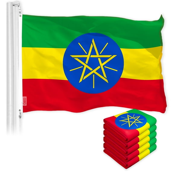 G128 – 5 Pack: Ethiopia (Ethiopian) Flag | 3x5 feet | Printed 150D – Indoor/Outdoor, Vibrant Colors, Brass Grommets, Quality Polyester, Much Thicker More Durable Than 100D 75D Polyester