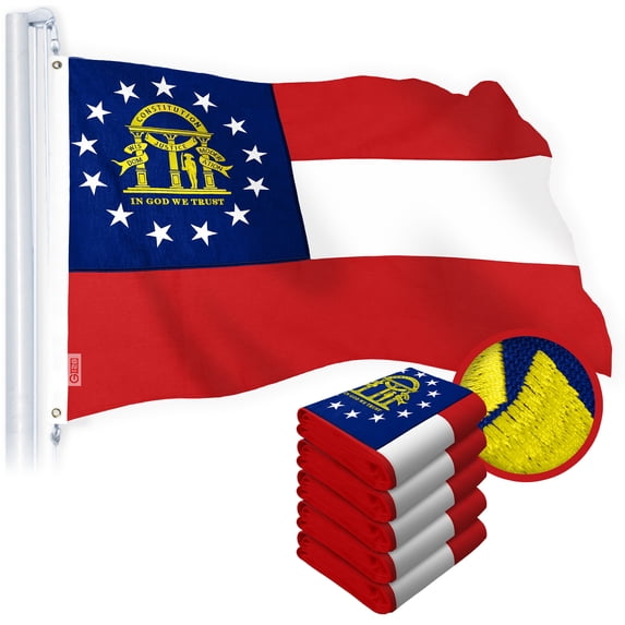 G128 5 Pack: Georgia GA State Flag | 2x3 Ft | StormFlyer Series Embroidered 220GSM Spun Polyester | Embroidered Design, Indoor/Outdoor, Brass Grommets, Heavy Duty, All Weather
