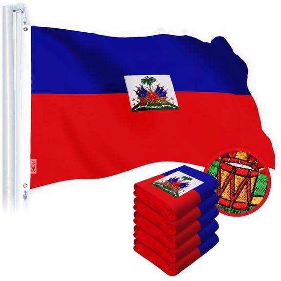 G128 5 Pack: Haiti Haitian Flag | 4x6 Ft | StormFlyer Series Embroidered 220GSM Spun Polyester | Country Flag, Embroidered Design, Indoor/Outdoor, Brass Grommets, Heavy Duty, All Weather