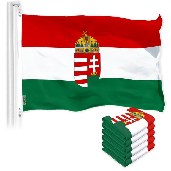 G128 5 Pack: Hungary Hungarian Coat of Arms Flag | 3x5 Ft | LiteWeave Pro Series Printed 150D Polyester | Country Flag, Vibrant Colors, Brass Grommets, Thicker and More Durable Than 100D 75D Polyester