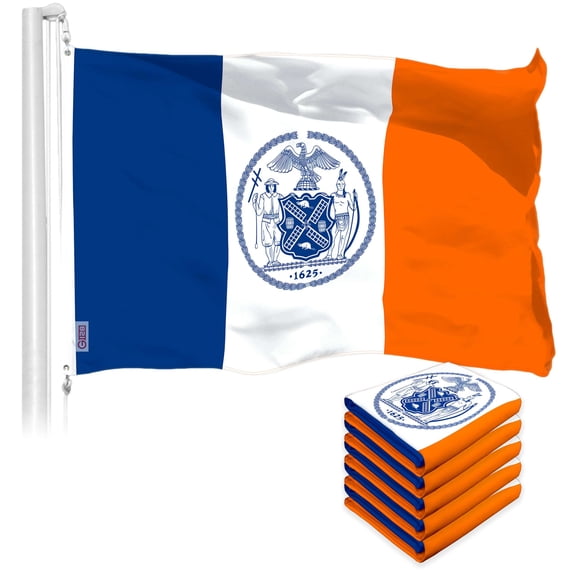 G128 5 Pack: New York Flag | 3x5 Ft | LiteWeave Pro Series Printed 150D Polyester | City Flag, Indoor/Outdoor, Vibrant Colors, Brass Grommets