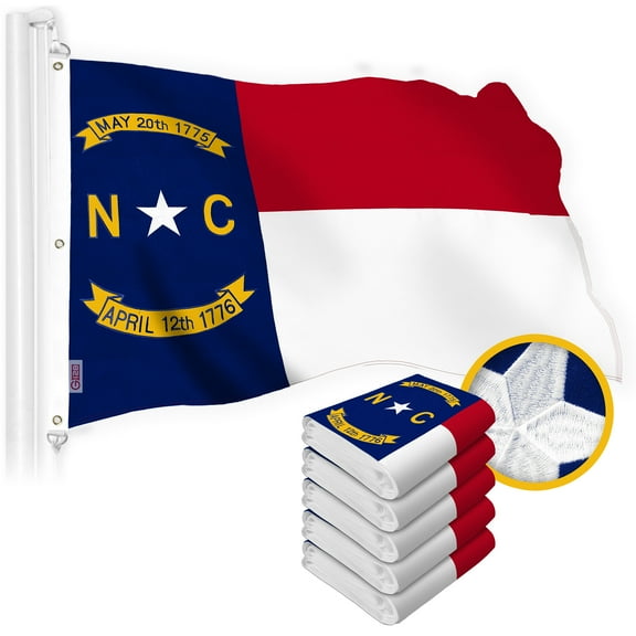 G128 5 Pack: North Carolina State Flag | 6x10 Ft | StormFlyer Series Embroidered 220GSM Spun Polyester | Embroidered Design, Indoor/Outdoor, Brass Grommets, Heavy Duty, All Weather