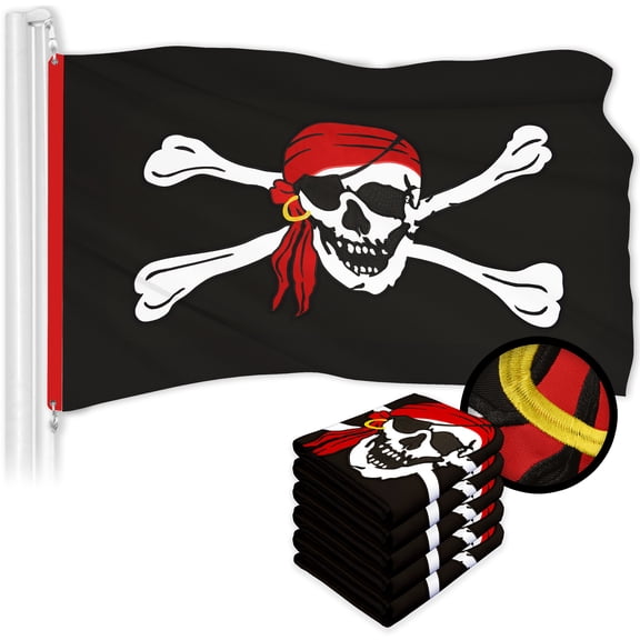 G128 5 Pack: Pirate Jolly Roger Red Head Scarf Flag | 3x5 Ft | ToughWeave Series Embroidered 300D Polyester | Novelty Flag, Embroidered Design, Indoor/Outdoor, Brass Grommets