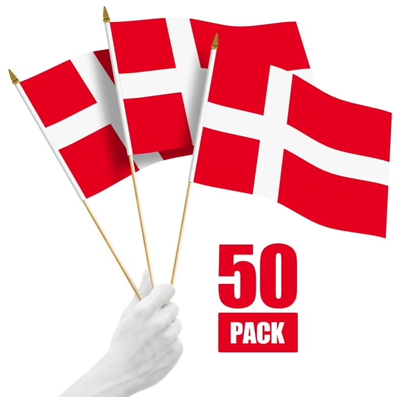 G128 50 Pack Handheld Denmark Danish Stick Flags | 12x18 In | Printed 150D Polyester, Country Flag, Solid Wooden Stick, Spear Gold Tip