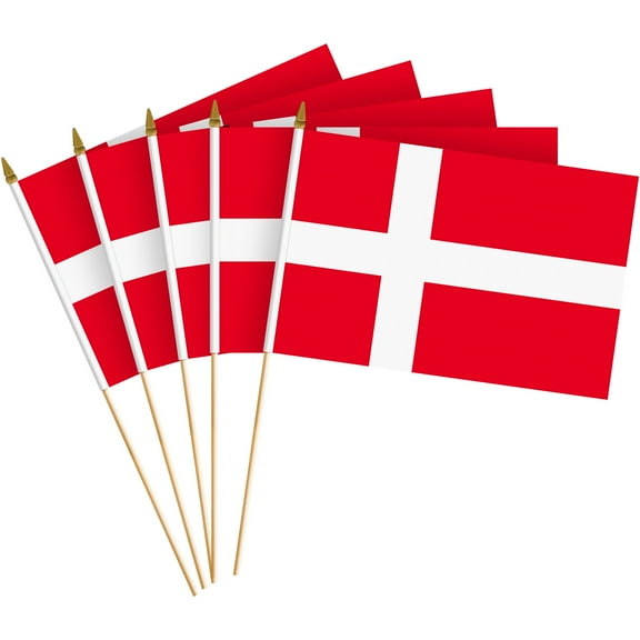 G128 50 Pack Handheld Denmark Danish Stick Flags | 8x12 In | Printed 150D Polyester, Country Flag, Solid Wooden Stick, Spear Gold Tip