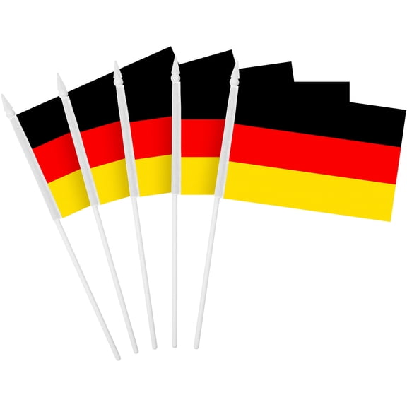 G128 50 Pack Handheld Germany German Stick Flags | 4x6 In | Printed 150D Polyester, Country Flag, Solid Plastic Stick, Spear White Tip