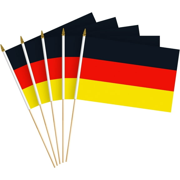 G128 50 Pack Handheld Germany German Stick Flags | 8x12 In | Printed 150D Polyester, Country Flag, Solid Wooden Stick, Spear Gold Tip