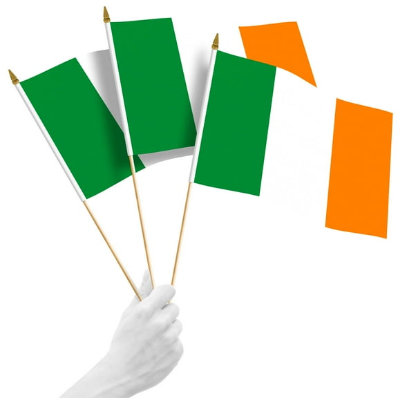 G128 50 Pack Handheld Ireland Irish Stick Flags | 12x18 In | Printed 150D Polyester, Country Flag, Solid Wooden Stick, Spear Gold Tip