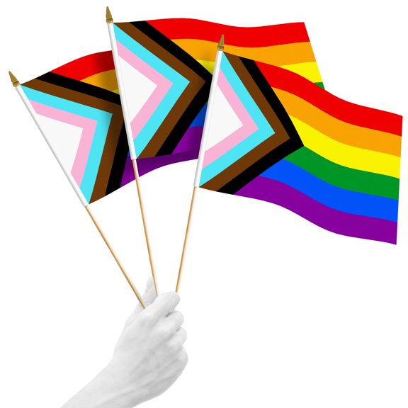 G128 50 Pack Handheld LGBT Progress Rainbow Pride Stick Flags | 12x18 In | Printed 150D Polyester, Social Flag, Solid Wooden Stick, Spear Gold Tip