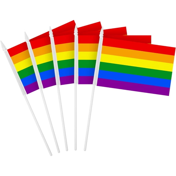 G128 50 Pack Handheld LGBT Rainbow Pride Stick Flags | 4x6 In | Printed 150D Polyester, Social Flag, Solid Plastic Stick, Spear White Tip